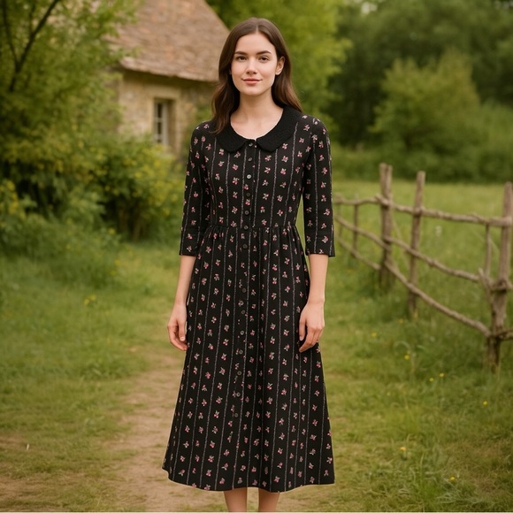 April Cornell Tie Back Floral Midi Dress Sz XXS XS S Black Boho Cottage Western - Picture 6 of 9